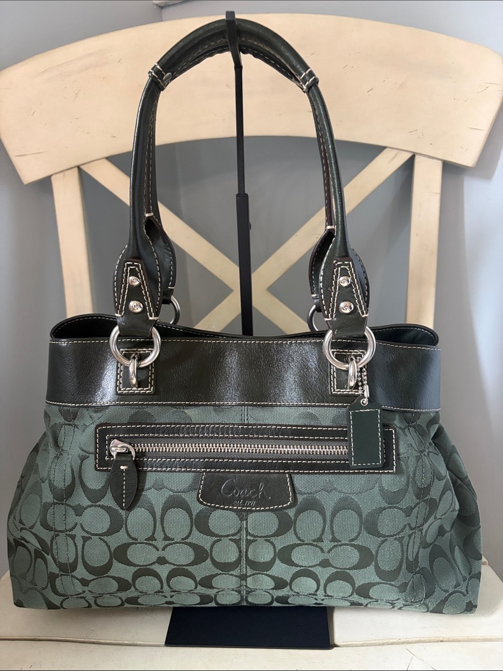 Coach Penelope Signature Satchel Tote in Green with Leather Trim Vintage 2010